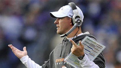 Denver Broncos head coach Josh McDaniels gestures in the fourth quarter of the Nov. 1 game against the Baltimore Ravens in Baltimore.