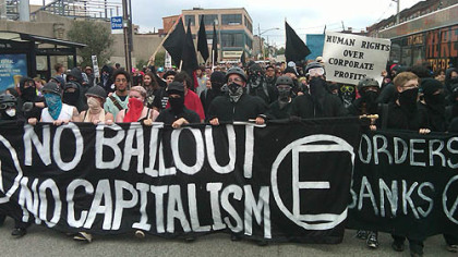 G-20 protesters march down Liberty Avenue in Bloomfield  within 1/4 mile of a police line.