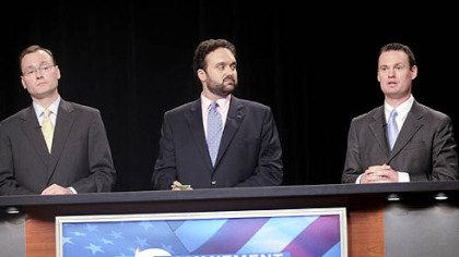 Mayoral candidates, from left,  Kevin Acklin, Franco Dok Harris and Luke Ravenstahl debate in the WTAE studio yesterday.