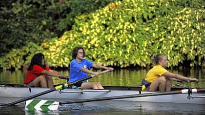 Taylor Allderdice novice rowers from left Genesis Bola, 15, Mara Greenberg, 14, and Chelsea Biefeld, 13, practice on the Allegheny River.