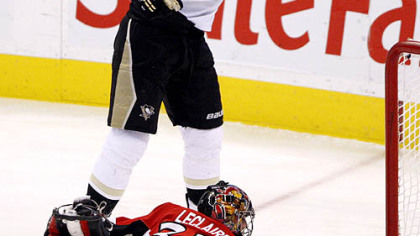 Penguins forward Jordan Staal celebrates his goal on Senators goaltender Pascal Leclaire during the first period.