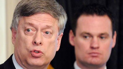 Pitt Chancellor Mark Nordenberg, left, flanked by Pittsburgh Mayor Luke Ravenstahl, comments on the city's agreement with non-profits.