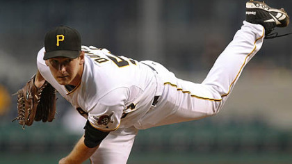 Pirates pitcher Zach Duke follows through on a pitch against the Reds in the second inning of last night's game at PNC Park.