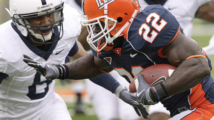 Illinois running back Daniel Dufrene runs against Penn State defensive back D'Anton Lynn during the first half of Penn State's 35-17 win in Champaign, Ill., Oct. 3.