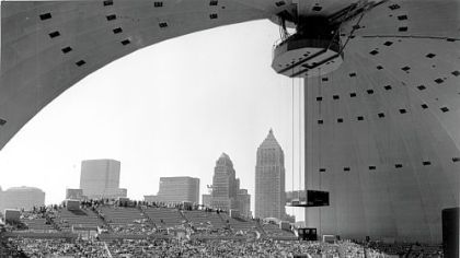 The Pittsburgh skyline from within an open-air Civic Arena at opening ceremonies.