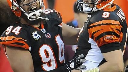 The Bengals' Domata Peko celebrates with quarterback Carson Palmer after beating the Steelers yesterday at Paul Brown Stadium in Cincinnati.