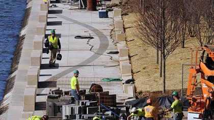 Work continues on the  2,000-foot-long biking and walking trail on the rim of the Mon Wharf. Officials have scheduled a ribbon-cutting for Monday. The $3 million project is the first of three phases in a plan to connect Point State Park with the Eliza Furnace Trail and the Great Allegheny Passage.  The project features a concrete and bluestone walkway.