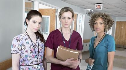 Portraying nurses in "Mercy" are, from left, Michelle Trachtenberg as Chloe Payne, Taylor Schilling as Veronica Flanagan Callahan and Jaime Lee Kirchner as Sonia Jimenez.