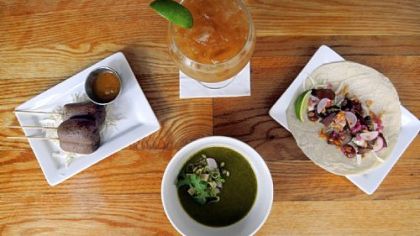 Chorizo and Blue Corn Dog, Peach Margarita, Chicken Liver Taco and Smoked Peach Gazpacho at Yo Rita's on the South Side.
