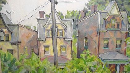 "Three Houses, Murray Hill Avenue" of 1953 is in the exhibition "Henry Koerner's Pittsburgh" at Chatham University Art Gallery through Oct. 23.