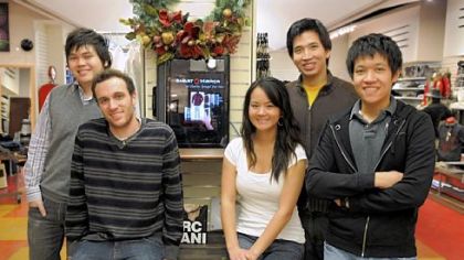 Carnegie Mellon students, Kevin Chia, Philip Croul, Carolyn Fu, Jonathan Ma and Vincent Sethiwan invented a Smart.Mirror to help coordinate clothing in a store.  This computer is in the Charles Spiegel for Men store in Squirrel Hill.