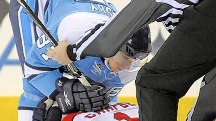 Frustration boils over as Sidney Crosby takes down Gregory Campbell in a round of fisticuffs midway through the second period at Mellon Arena.