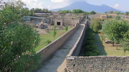 A view of Mt. Vesuvius from above the Garden of the Fugitives in Pompeii, cultivated as a vineyard. In 79 AD, it erupted, burying the city under a layer of ash and rock.