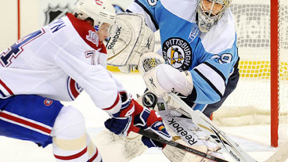 Marc-Andre Fleury, shown here making a save against Sergei Kostitsyn in last Saturday's home ice loss to the Canadiens: "We've had a couple of tough games."